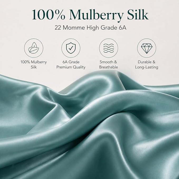 Teal Silk Pillow Cases Queen Made in USA, 100% Mulberry Silk Pillowcase with Hidden Zipper, Premium 22 Momme Cooling Acne Pillowcase, 1 Pack 20"x30" (Queen, Mineral Blue)