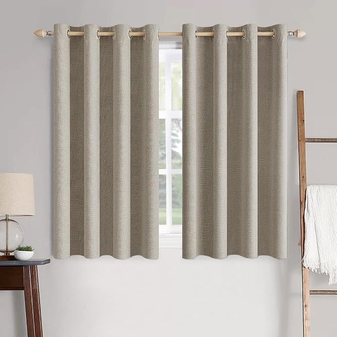 MIULEE 100% Blackout Linen Textured Curtains for Bedroom Solid Thermal Insulated Pebble Taupe Grommet Room Darkening Curtains & Drapes Luxury Decor for Living Room 52 x 54 Inch (2 Panels)