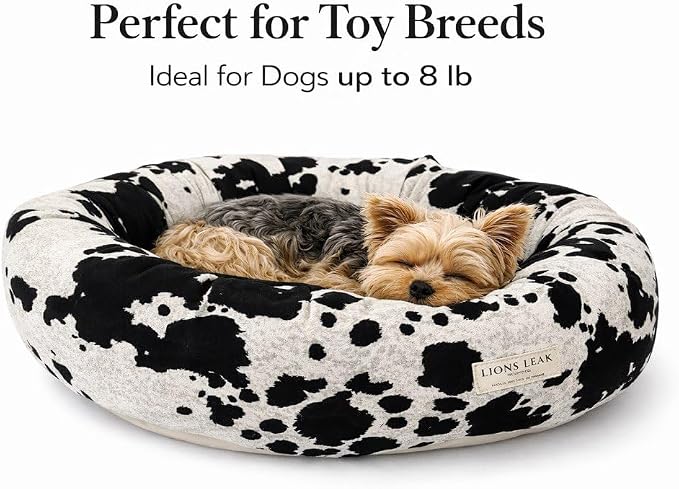 Round Dog Bed – Natural Canvas, Removable Washable Cover, Raw Cotton or Latex Fill, Hypoallergenic Non-Toxic, Made in USA (Cow Print Black White, X-Small, Soft Comfort – Organic Latex)