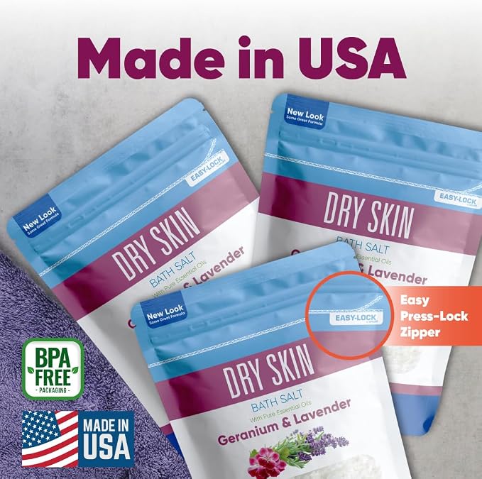 Dry Skin Bath Salt (3 Pack) Skin Soothing Epsom Salt with Pure Essential Oils in BPA Free Pouch with Press Lock Seal Made in USA Three 2 Lbs Pouches 6 Lbs Total