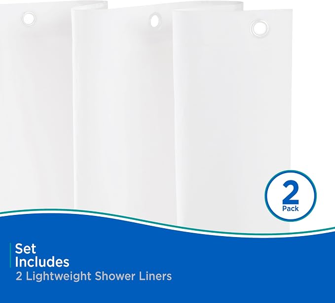 Kenney KN61430V1PK2 Lightweight 3 Gauge Waterproof PEVA Shower Curtain Liner with Durable Eyelet Hang Holes and Weighted Magnetic Hem for Bathroom, 70" W x 72" H, White, 2-Pack