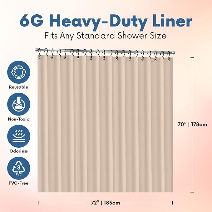No Smell Shower Curtain Liner 72x72 Beige - PEVA Plastic Shower Curtain for Bathroom, PVC-Free Waterproof Sand Shower Liner with Metal Grommets and Magnet-Weighted Bottom Hem - Washable Liner