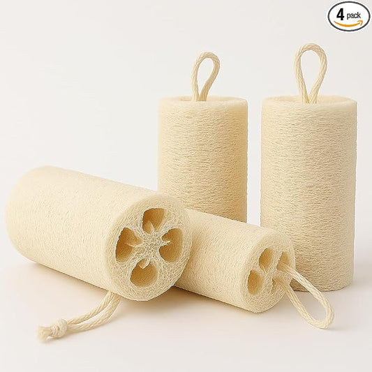 Loofah Body Scrubber Sponge 4-Pack - Natural Exfoliating Sponges for Bath & Shower, Biodegradable Luffa for Smooth & Glowing Skin, Spa Gift Set, Dye-Free, Vegan