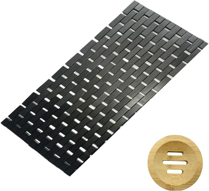 Bamboo Black Bath Mat 48 x 16 Inches and Wooden Soap Dish Set Bathroom Rugs Bathtub Mat Non Slip Bath Mats for Bathroom, Kitchen Sauna Spa Hot Tub Outdoor Decor