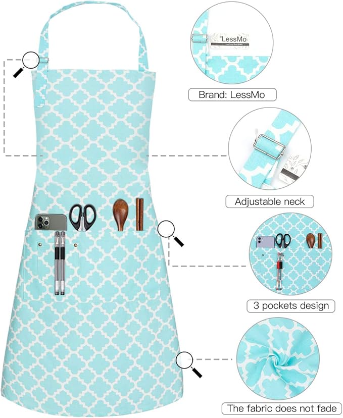 LessMo Kitchen Cooking Aprons with 3 Pockets for Men Women - Cotton Adjustable Professional Grade Chef Apron for Kitchen, BBQ & Grill (Light Green)