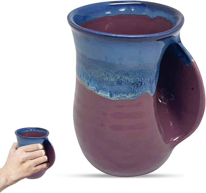 Clay in Motion Hand Warmer Coffee Mug – Handmade Coffee Mug With Comfortable Handle Contoured Pocket Hand Warming Ceramic Coffee Mug – Proudly Made in USA – Right Handed – 14 Oz - Purple Passion