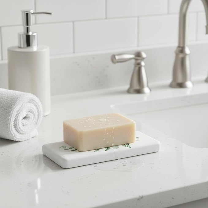 Diatomaceous Earth Soap Dish, Rectangular Stone Bar Soap Holder for Bathroom Sink, Shower Ledge & Kitchen Counter, Absorbent Tray (1 Pack)