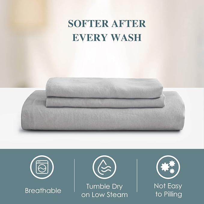 Sijo Premium Stone Washed French Linen 1 Flat Sheet (Dove, 1 Flat Sheet Only Full/Queen)