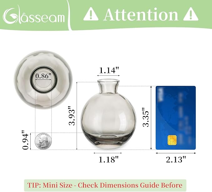 Glass Bud Vase for Centerpieces, 6Pcs/2Sets Glasseam Modern Gray Mini Small Vases for Flowers Bulk Flower Vase Set Aesthetic Cute Handmade Tiny Short Wedding Table Centerpiece Decor