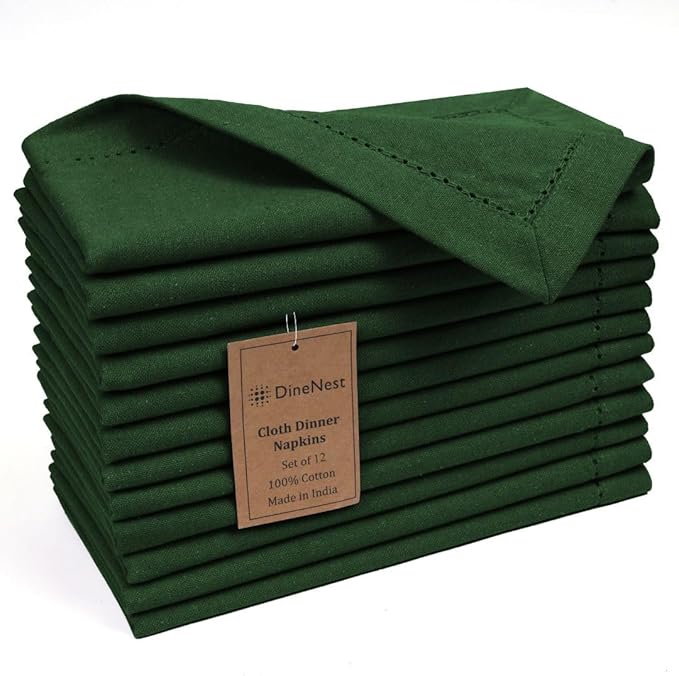 Hemstitch Dinner Napkins 100% Cotton Set of 12 - for Dining Weddings Parties Restaurants Holidays Easter Everyday Use - Soft Durable Washable Table Napkins - 18x18 Inch Cloth Napkins Green