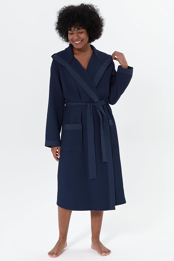SEYANTE Women's Organic Cotton Waffle Kimono, Hooded Robe – GOTS Certified Lightweight Full-Length Spa Bathrobe with Piping