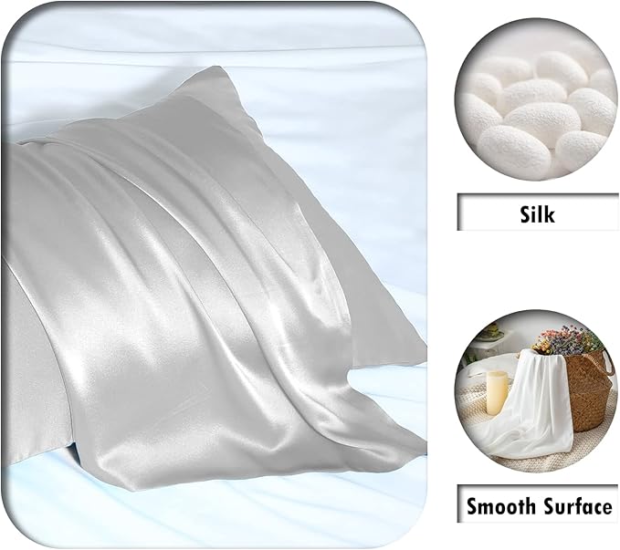 Silk Pillow Cases 2 Pack Soft Breathable and Sliky King Size Pillow Cases Set of 2,Natural Mulberry Silk Pillowcase Set of 2 for Hair and Skin with Hidden Zipper (Silver Grey,20"X 36",2pcs)