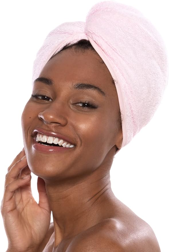 TexereSilk Women's Rayon and Cotton Terry Hair Towel - Lightweight, Absorbent Fast Drying Hair Wrap for Anti Frizz and Anti Breakage (Tya, Barely Pink, U)