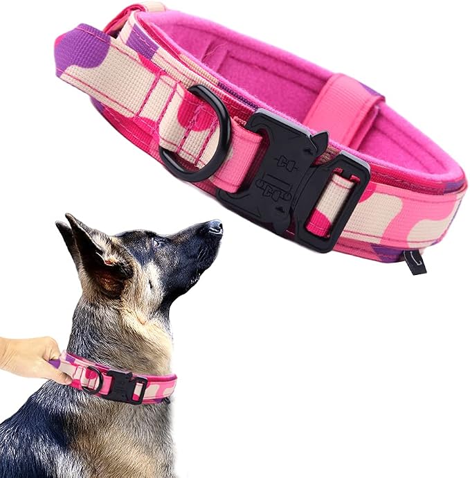 Tactical Dog Collar Adjustable Military Nylon Dog Collar with Control Handle and Heavy Duty Metal Buckle for Medium and Large Dogs (Pink Camo,L)