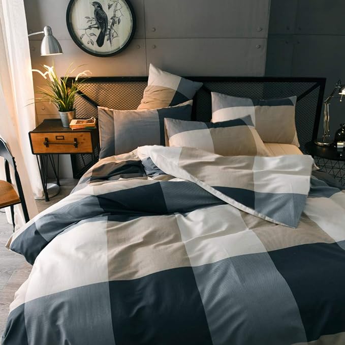 mixinni Full Size Checkered Duvet Cover Set - 3 Piece Grey Geometric Cotton Bedding Set with Zipper Closure & Corner Ties, 100% Washed Cotton Soft Breathable Duvet Cover for Men, Women, Teens (Full)