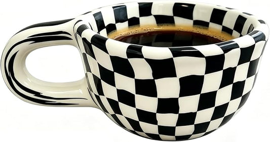Ceramic Coffee Mug 5.7Oz Small Checkered Coffee Cups Alpine Pattern Hot Chocolate Cup Handmade Checkerboard Latte Mug Aesthetic Gift for Coffee Lovers Microwave Safe,Black checkered
