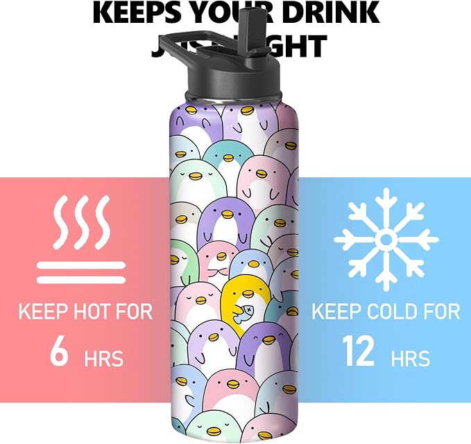 40oz Penguin Water Bottle with Handle and Flip Straw, Animal Sports Stainless Steel Insulated Cup Travel Coffee Mug Tumbler, Birthday Mothers Day Chritmas Gifts for Women