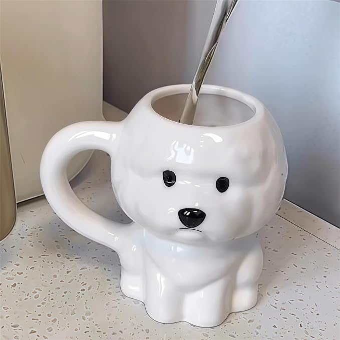 Coffee Mug Cups Ceramic Tea Cup Cute 3D Bichon Frise Dog Shaped Handmade Pottery Cute Mugs Handle Office Home Hot Ice Chocolate Milk Mugs Gifts Microwave Dishwasher Safe 14 Oz Travel Mug (White dog)
