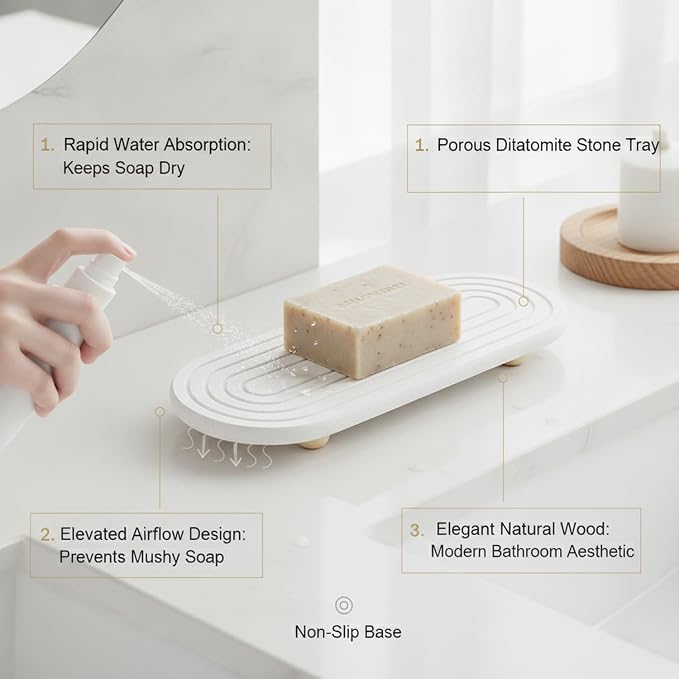 Diatomite Soap Dish with Wooden Stand, Absorbent Stone Tray for Bar Soap, Bathroom Sink Counter Organizer (1 PC)
