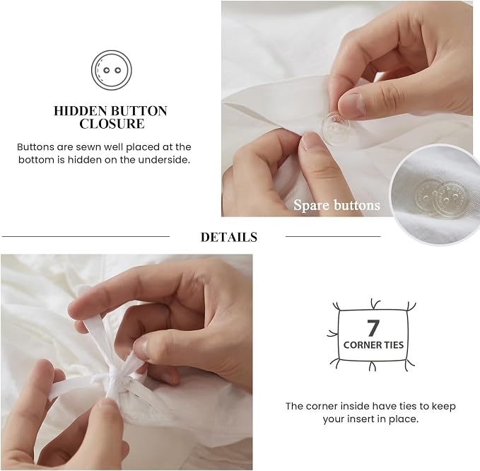 Simple&Opulence 100% Linen Duvet Cover Set, 3 PCS Natural French Flax White Ruffle Duvet Cover Queen Size, Breathable Comfy Linen Bedding Comforter Cover with 2 Pillowcases (White, 88" X 92")