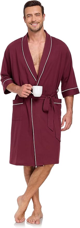 COLORFULLEAF 100% Cotton Men’s Summer Bathrobe Lightweight & Breathable Short Sleeve Kimono Robe with Pockets