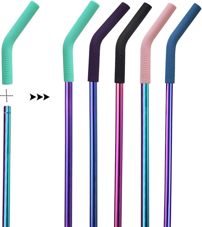 Senneny Set of 5 Stainless Steel Straws with Silicone Flex Tips Elbows Cover, 2 Cleaning Brushes and 1 Portable Bag Included (Colorful)- 8mm diameter