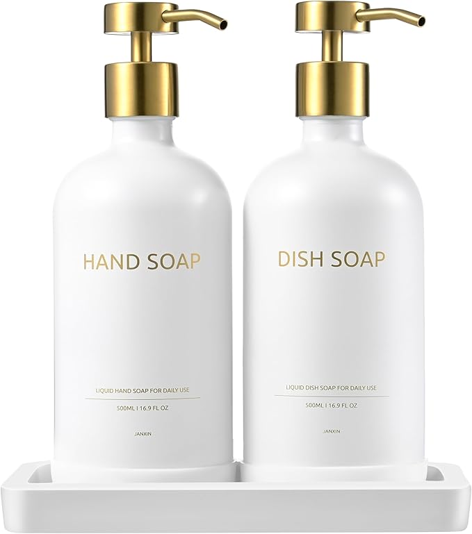 Glass Kitchen Soap Dispenser Set with Ceramic Tray,16.9 floz Hand and Dish Soap Dispenser for Kitchen and Bathroom Decor (White Bottles + Gold Pumps)