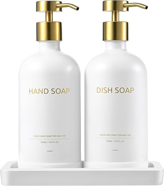 Glass Kitchen Soap Dispenser Set with Ceramic Tray,16.9 floz Hand and Dish Soap Dispenser for Kitchen and Bathroom Decor (White Bottles + Gold Pumps)