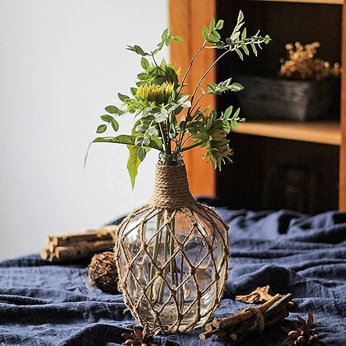 MDLUU Glass Jug with Twine 10" Tall, Flower Vase with Rope Net, Decorative Bottle Vase for Dining Room, Bedroom, Bathroom, Mantel