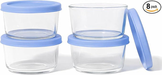 8-Piece Glass Food Storage Containers Set (4 Containers + 4 BPA-Free Lids) | 1-Cup, Leakproof | Microwave, Freezer, Oven & Dishwasher Safe | Ideal for Meal Prep & Pantry Organization, Lavender Blue
