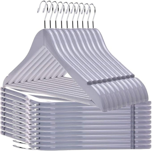 Quality Wooden Hangers - Slightly Curved Hanger Set of 80-Pack - Solid Wood Coat Hangers with Stylish Chrome Hooks - Heavy-Duty Clothes, Jacket, Shirt, Pants, Suit Hangers (Gray, 80)
