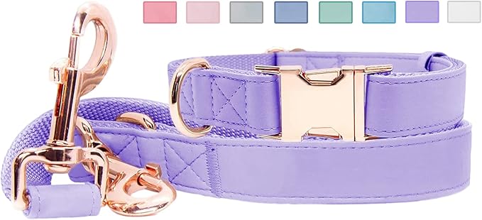 Soft Leather Dog Collar and Leash (6.6') Set - Stylish Rose Gold Heavy Duty Metal Buckle, 4 Adjustable Lengths Leash for Small Medium Large Dogs - Comfortable & Easy to Clean (L, Light Purple)