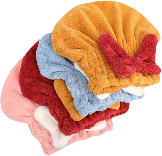 4 Pcs Hair Turban Wraps Super Absorbent Hair Towel Wraps Cute Microfiber Hair Drying Towel Caps with Bow Knot for Women Girls