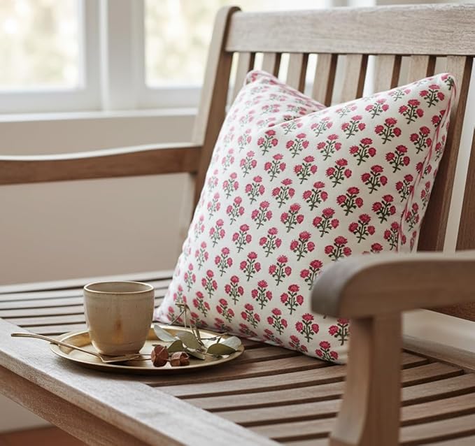 ATOSII Block Print Boho Throw Pillow Covers, 24 X 24, Set of 2, Decorative Couch Pillows for Living Room, 100% Cotton Canvas Acccent Pillows, Christmas Thanksgiving Fall Preppy Throws - Gulbahar Pink