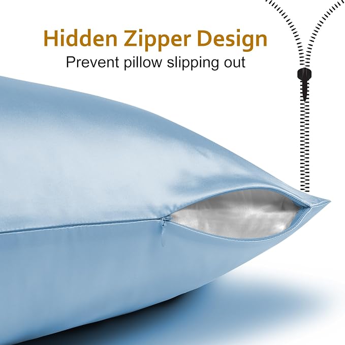 Ravmix Silk Pillow Cases with Zipper, 21momme Mulberry Silk Pillowcase for Hair Skin Health, Soft Smooth Breathable Cool Pillow Cover for Beauty Sleep with Gift Box 1PC(Queen 20"x30", Light Blue)