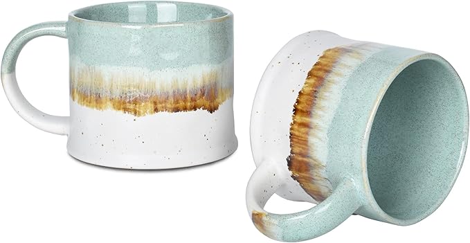 Bosmarlin Medium Ceramic Coffee Mug Set of 2, 15 oz, Big Stoneware Tea Cup for Office and Home, Dishwasher and Microwave Safe (Green, 2)