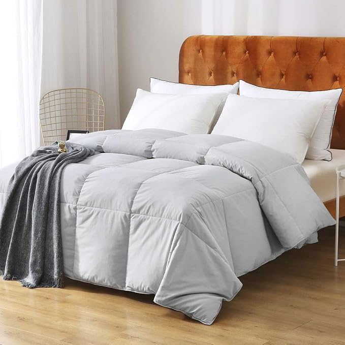 Gray Feathers Down Comforter Full/Queen - 100% Organic Cotton Cover, Medium Warm All Seasons Machine Washable Duvet Insert with Tabs (90x90, Mirage Grey)