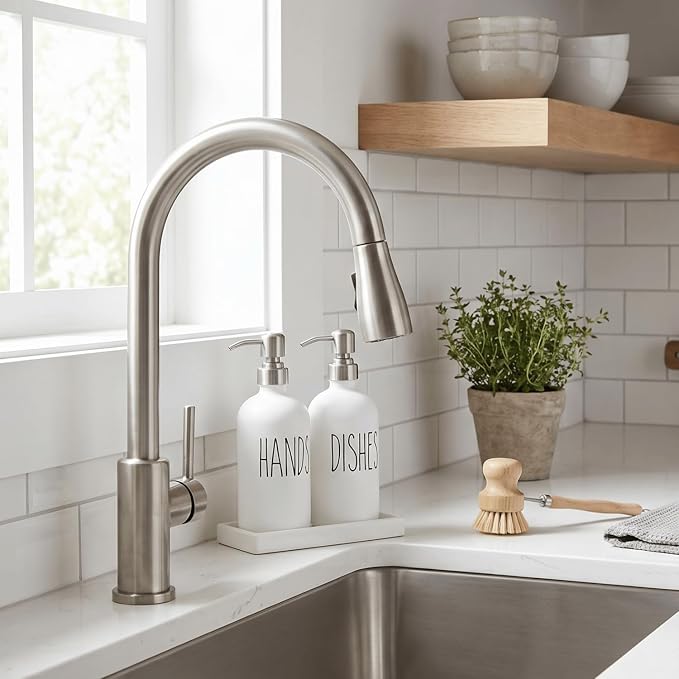 MOMEEMO White Soap Dispenser Kitchen Set, Contains Hand Soap Dispenser and Dish Soap Dispenser with Ceramic Tray, Suitable for Modern Farmhouse Decor. (White)