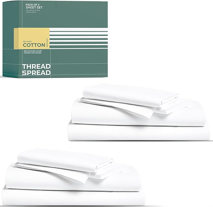 THREAD SPREAD 100% Organic Cotton Sheet Set Pack of 2 - Organic Cotton King Size Percale Weave Sheet Set, Soft, Cooling, Crisp & Breathable, 16" Deep Pocket Hotel Quality Bedding Set - White