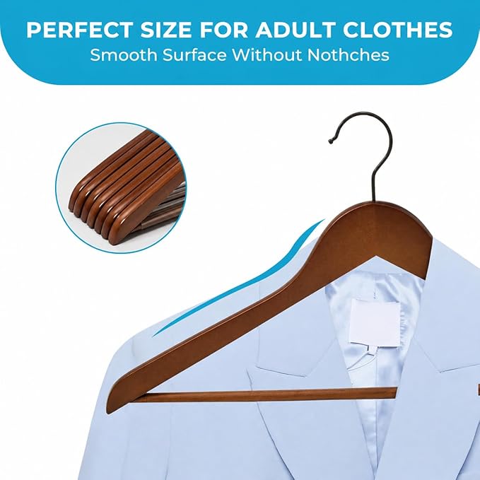 JS HANGER Wooden Coat Hangers, 16 Pack High Grade Wood Suit Hangers with Non Slip Pant Bar - Extra Smooth and Splinter Free, Retro Finish