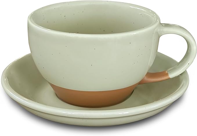 MORA Ceramic Latte Art Mug With Saucer - 10.5 oz, Round Bottom For Perfect Pours - Cafe Cups for Cappuccino, Espresso, Coffee, Tea etc - Porcelain Set for Baristas, Great Gift - Light Matcha