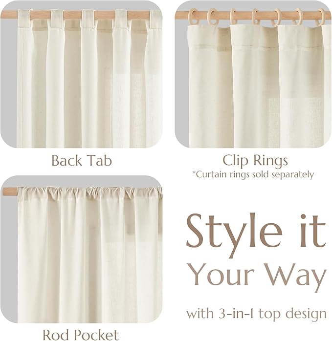 jinchan Linen Blend Curtains 63 inch Length 2 Panels for Bedroom Living Room, Semi Sheer 50 inch Wide Farmhouse Cottage Core Style Drapes with Rod Pocket Back Tab(50W x 63L, Ivory)