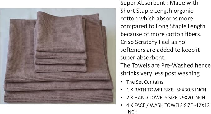 Waffle Bath Towel Set,100% Organic Cotton GOTS Certified (Mauve) Super ABSORBANT & Quick Dry, NO SOFTENERS, Environment Friendly, 1xBATH58x30.5, 2xHAND29x20, 4xFACE12x12INCH