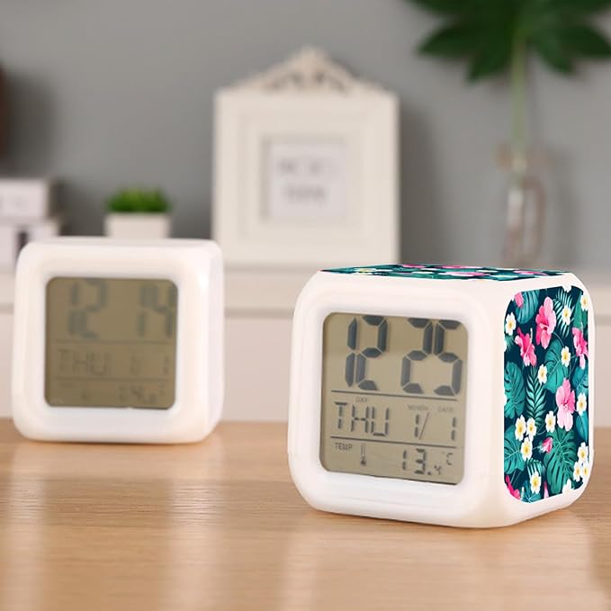 Digital Alarm Clock,Tropical Palm Tree with Flowers 7 Color Change LED Digital Alarm Clock with Date Thermometer for Toddlers,Girls and Boys