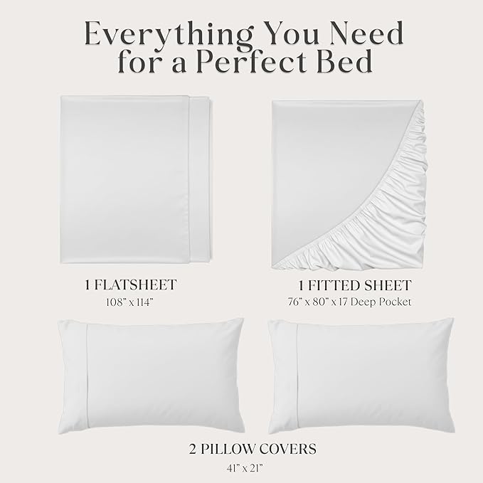 Delilah Home 100% Organic Cotton King Flat Sheet Set, GOTS & Vegan.org Verified, Long Stem 300 TC Sateen Bedding, Non-Synthetic, Deep Pocket Fitted Linen, Lightweight, All-Season, 4 Piece Set - White