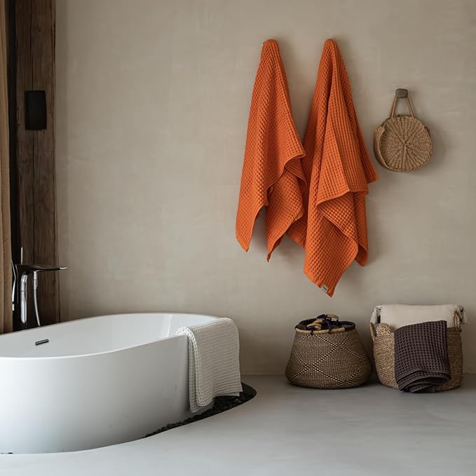Luxury Organic Japanese Cotton Waffle Bath Towel | Thick, Absorbent, Quick Dry Bathroom Towels for Shower, Sauna, Onsen| Hotel & Spa Quality, Gift-Ready (Coral Orange, Face Towel, 16" x 16")