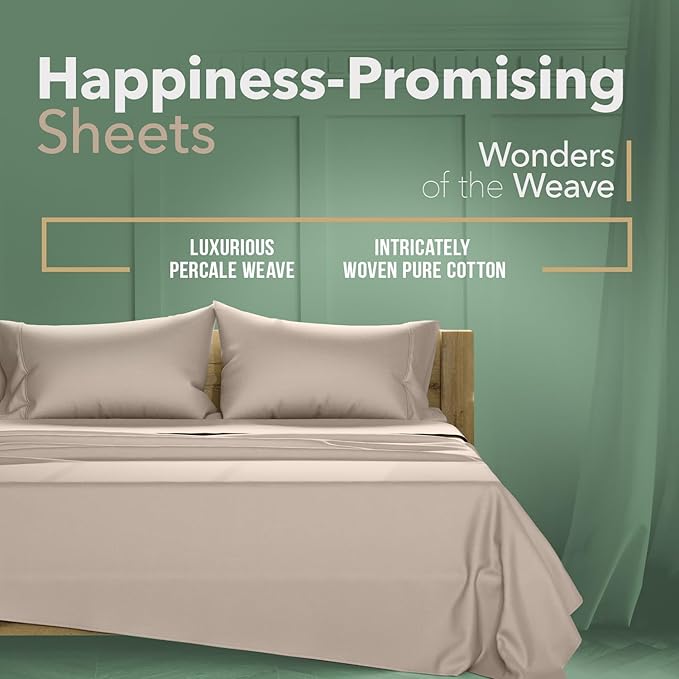 TEXAS LINEN CO. 100% Organic Cotton Queen Percale Sheet Set - Taupe Cotton Percale Sheets Queen, 4 Piece Percale Sheets Queen Size, Crisp, Cooling Sheets, 16" Deep Pocket Hotel Sheet Queen Size