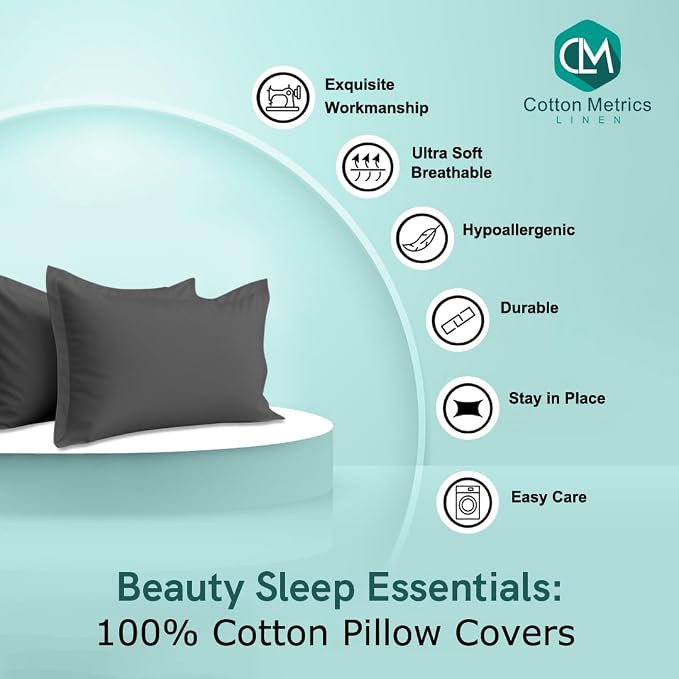 2 Pack Pillow Shams Queen Size 20x30 – 600 Thread Count 100% Organic Cotton Grey Pillow Covers with 2 Inch Flange, Soft & Smooth Premium Hotel-Quality Pillowcases Set of 2