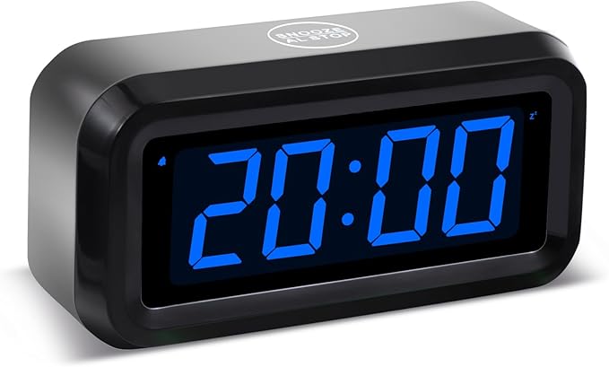 Digital Alarm Clock Battery Operated with LED Display for Bedrooms, Long Battery Life, 3 Brightness Adjustable, 12/24 Hour, Snooze, Black Case with Blue Digits