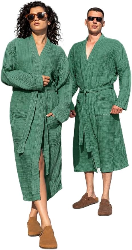 Muslin Unisex Bathrobe Women & Men, 100% Cotton Kimono Lightweight Robe | Long Robes Soft, Absorbent, Spa robes